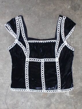 FREE PEOPLE Blue Velvet Square-Neck Top with White Embroidered Trim